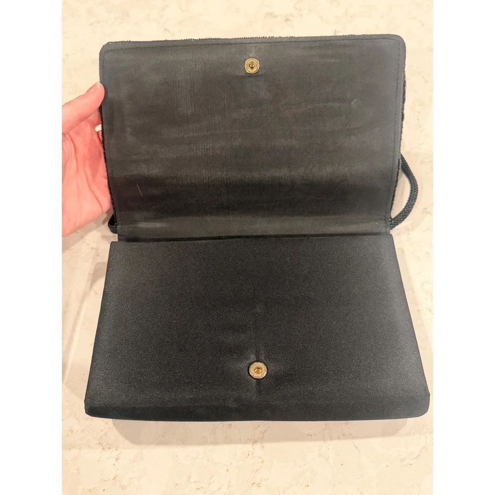 Vintage La Regale Black Satin Beaded Evening Clutch Crossbody‎ Bag Formal Glam